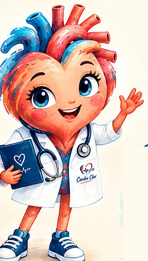 Clara, mascota CardioClar: o inimă zâmbitoare în halat alb, cu stetoscop